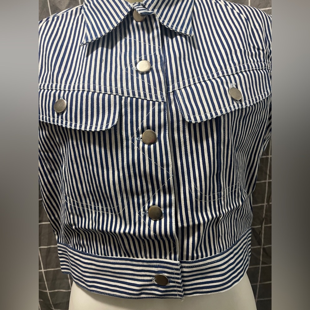 New Cotton Express Vintage 90s Cropped Railroad Navy Striped Denim Vest - Picture 2 of 4